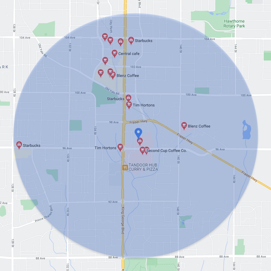 A map showing all coffee shops within a certain distance of my location